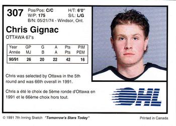 1991-92 7th Inning Sketch OHL #307 Chris Gignac Back