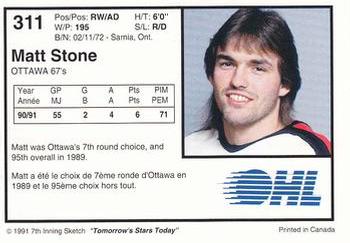 1991-92 7th Inning Sketch OHL #311 Matt Stone Back