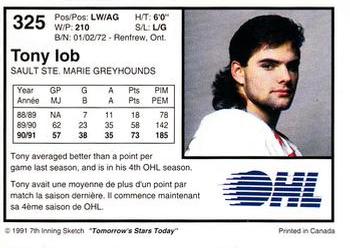 1991-92 7th Inning Sketch OHL #325 Tony Iob Back