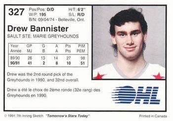 1991-92 7th Inning Sketch OHL #327 Drew Bannister Back