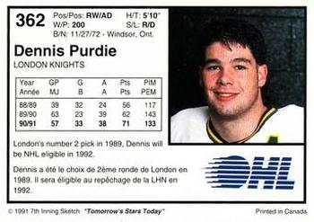 1991-92 7th Inning Sketch OHL #362 Dennis Purdie Back