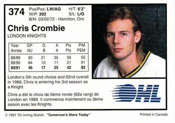 1991-92 7th Inning Sketch OHL #374 Chris Crombie Back