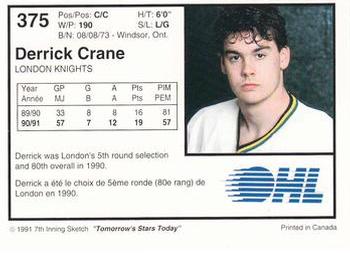 1991-92 7th Inning Sketch OHL #375 Derrick Crane Back