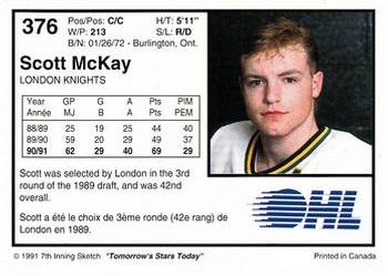 1991-92 7th Inning Sketch OHL #376 Scott McKay Back
