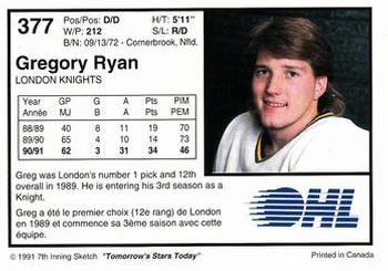 1991-92 7th Inning Sketch OHL #377 Gregory Ryan Back
