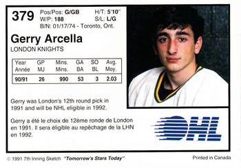 1991-92 7th Inning Sketch OHL #379 Gerry Arcella Back