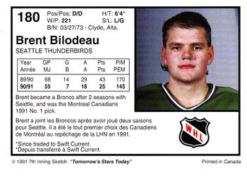 1991-92 7th Inning Sketch WHL #180 Brent Bilodeau Back