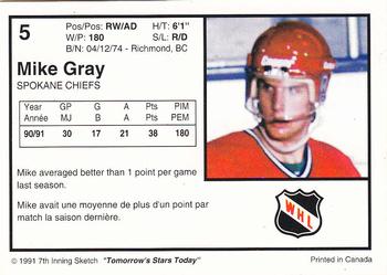 1991-92 7th Inning Sketch WHL #5 Mike Gray Back