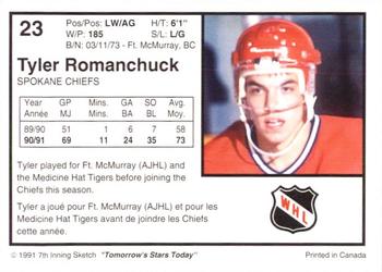 1991-92 7th Inning Sketch WHL #23 Tyler Romanchuk Back