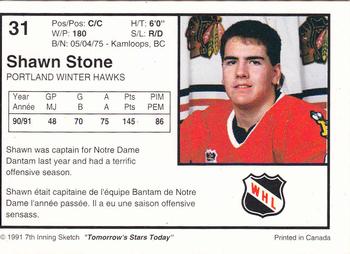 1991-92 7th Inning Sketch WHL #31 Shawn Stone Back