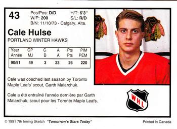 1991-92 7th Inning Sketch WHL #43 Cale Hulse Back