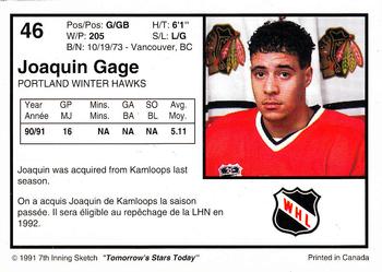 1991-92 7th Inning Sketch WHL #46 Joaquin Gage Back
