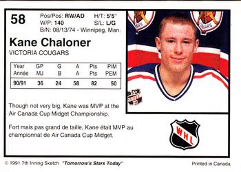 1991-92 7th Inning Sketch WHL #58 Kane Chaloner Back