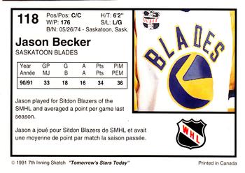 1991-92 7th Inning Sketch WHL #118 Jason Becker Back