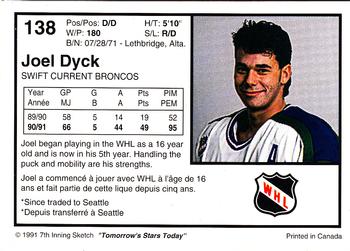 1991-92 7th Inning Sketch WHL #138 Joel Dyck Back