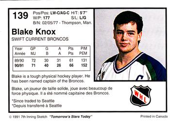 1991-92 7th Inning Sketch WHL #139 Blake Knox Back
