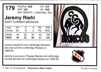 1991-92 7th Inning Sketch WHL #179 Jeremy Riehl Back