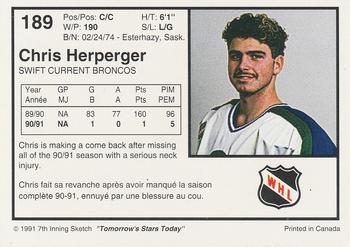 1991-92 7th Inning Sketch WHL #189 Chris Herperger Back