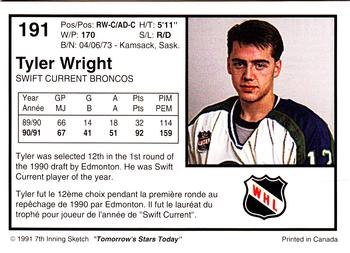 1991-92 7th Inning Sketch WHL #191 Tyler Wright Back