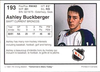 1991-92 7th Inning Sketch WHL #193 Ashley Buckberger Back
