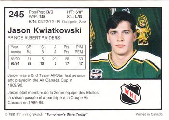 1991-92 7th Inning Sketch WHL #245 Jason Kwiatkowski Back