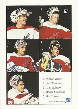 1991 Ultimate Draft #57 The Goalies (Andrew Verner / Chris Osgood / Jamie McLennan / Marcel Cousineau / Mike Torchia) Back