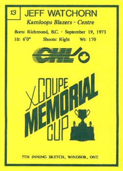 1990 7th Inning Sketch Memorial Cup (CHL) #13 Jeff Watchorn Back