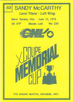1990 7th Inning Sketch Memorial Cup (CHL) #53 Sandy McCarthy Back