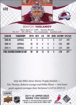 2011-12 Upper Deck #408 Semyon Varlamov Back