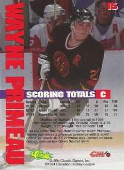 1994-95 Classic - Gold #15 Wayne Primeau  Back