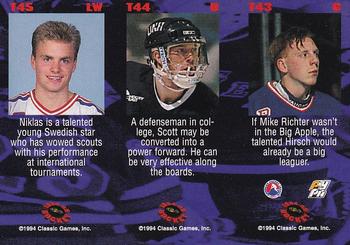 1994-95 Classic - Tri-Cards #T43 / T44 / T45 Corey Hirsch / Niklas Sundstrom / Scott Malone Back