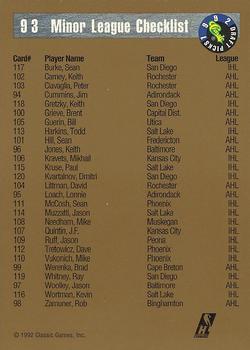 1992 Classic Draft Picks #93 Dmitri Kvartalnov Back