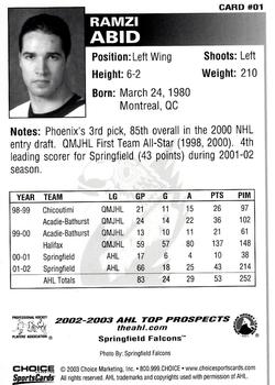 2002-03 Choice AHL Top Prospects #1 Ramzi Abid Back