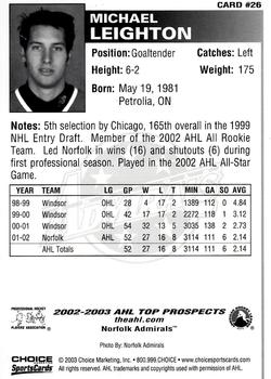 2002-03 Choice AHL Top Prospects #26 Michael Leighton Back