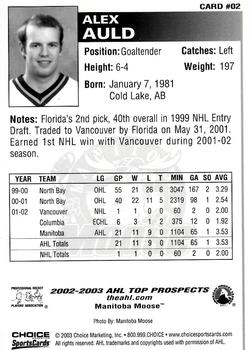 2002-03 Choice AHL Top Prospects #2 Alex Auld Back
