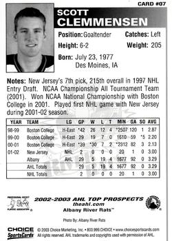 2002-03 Choice AHL Top Prospects #7 Scott Clemmensen Back