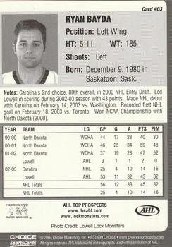 2003-04 Choice AHL Top Prospects #3 Ryan Bayda Back