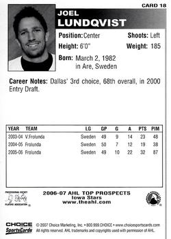 2006-07 Choice AHL Top Prospects #18 Joel Lundqvist Back
