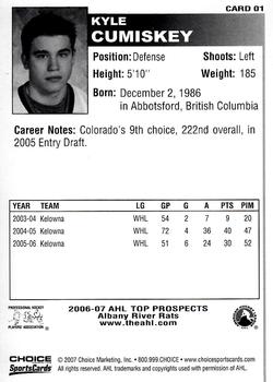 2006-07 Choice AHL Top Prospects #1 Kyle Cumiskey Back