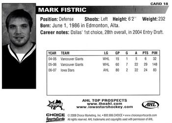 2007-08 Choice AHL Top Prospects #18 Mark Fistric Back
