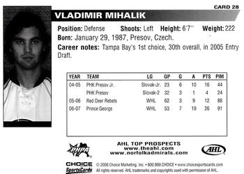 2007-08 Choice AHL Top Prospects #28 Vladimir Mihalik Back