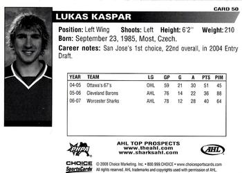 2007-08 Choice AHL Top Prospects #50 Lukas Kaspar Back