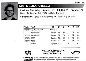 2010-11 Choice AHL Top Prospects #50 Mats Zuccarello Back