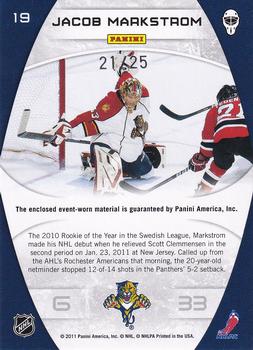 2011-12 Panini Certified - Masked Marvels Materials Prime #19 Jacob Markstrom Back