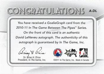 2010-11 In The Game Between The Pipes - Autographs #A-DL David LeNeveu Back