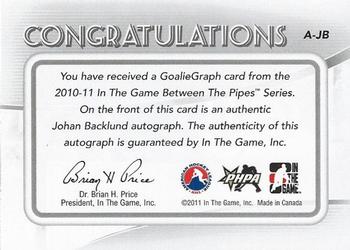 2010-11 In The Game Between The Pipes - Autographs #A-JB Johan Backlund  Back