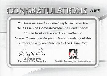 2010-11 In The Game Between The Pipes - Autographs #A-MR1 Manon Rheaume Back
