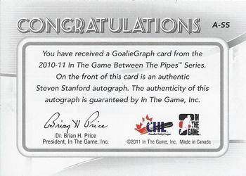 2010-11 In The Game Between The Pipes - Autographs #A-SS Steven Stanford  Back