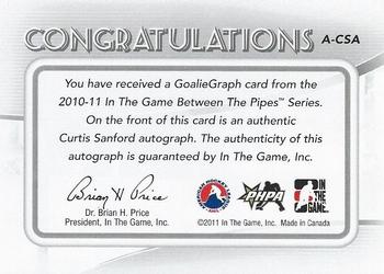 2010-11 In The Game Between The Pipes - Autographs #A-CSA Curtis Sanford  Back