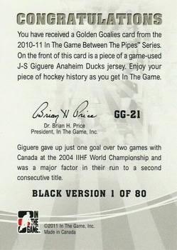 2010-11 In The Game Between The Pipes - Golden Goalies Jerseys Black #GG-21 Jean-Sebastien Giguere Back